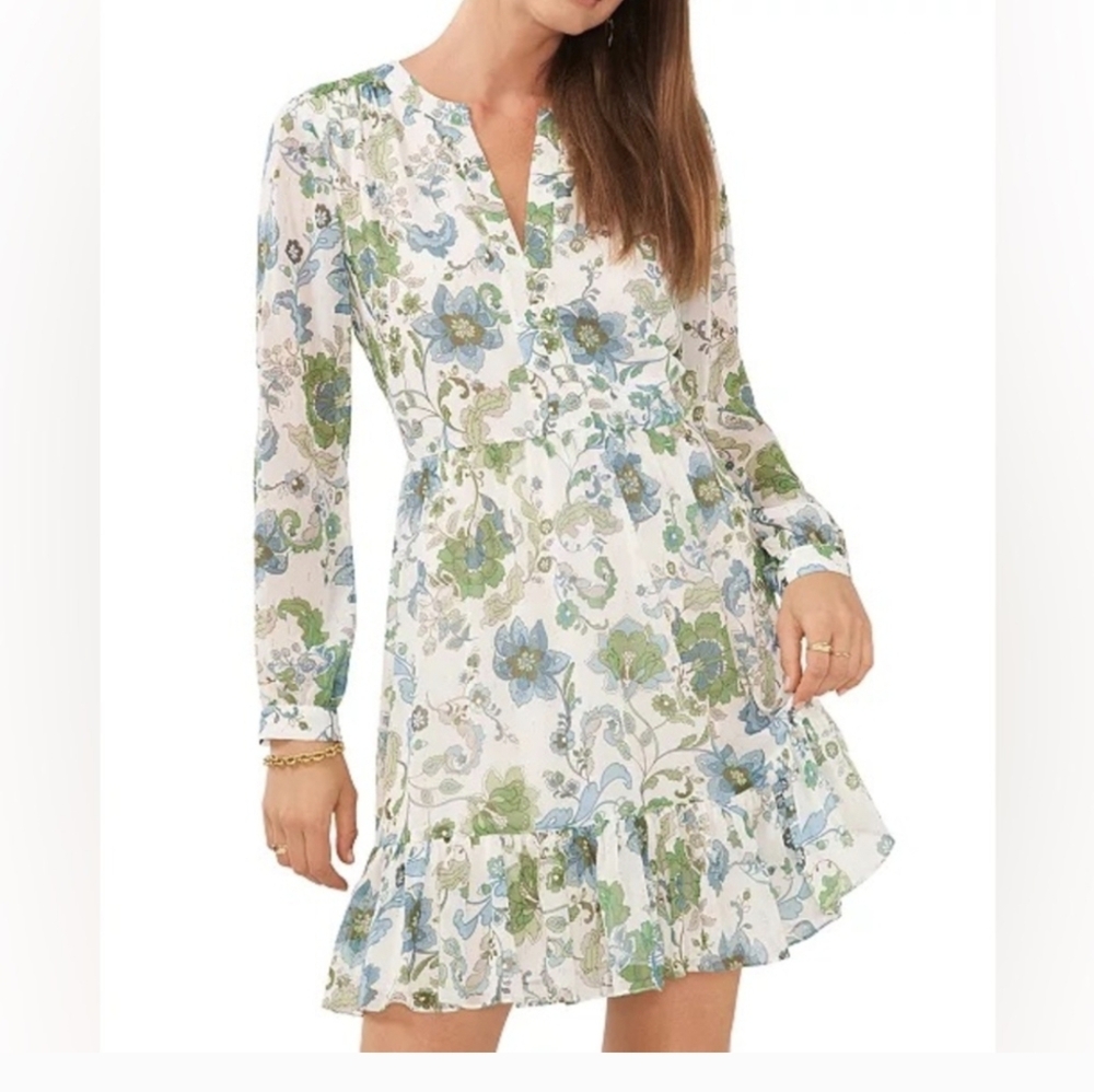 Vince Camuto White and Green Floral Long Sleeve Dress S.L NWT